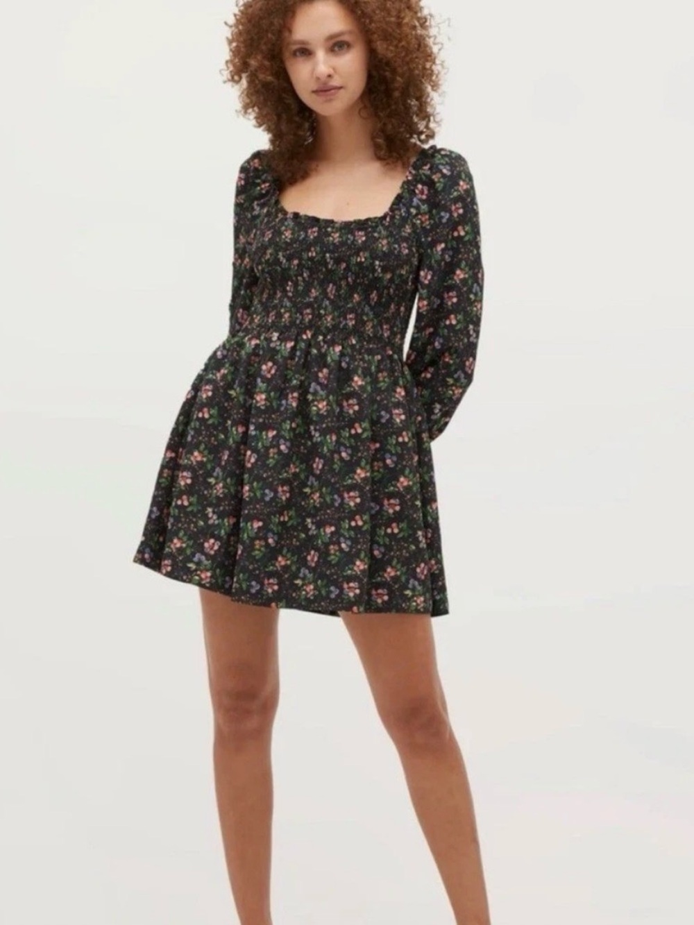 Hill House Athena Nap Dress Black Floral Smocked Long Sleeve Mini Cottagecore